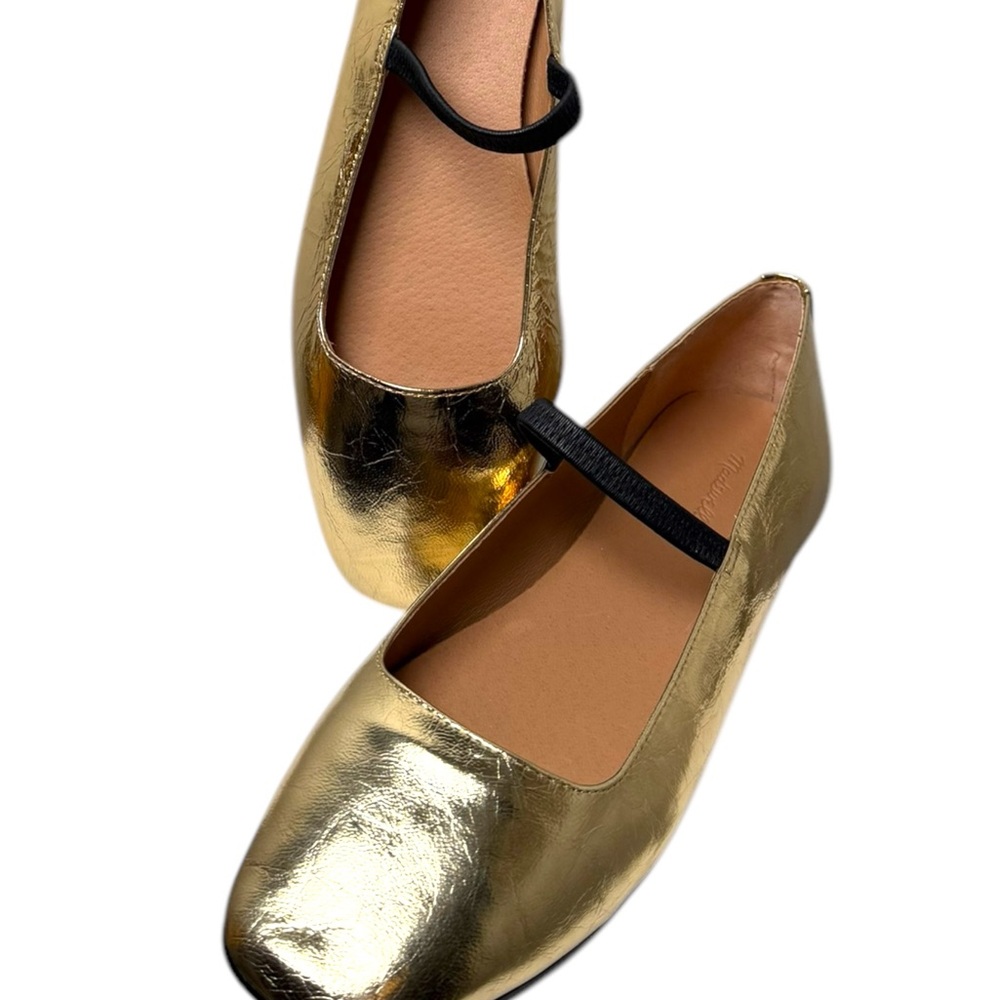 Madewell Metallic Gold Leather Ballet Flats with Black Elastic Strap